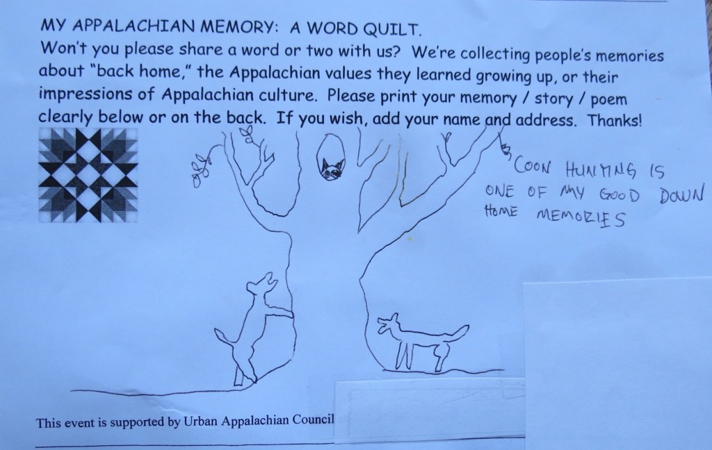 Example of a “word quilt” memory from home is this anonymous offering, a drawing with the caption “coon hunting is one of my good down home memories.”