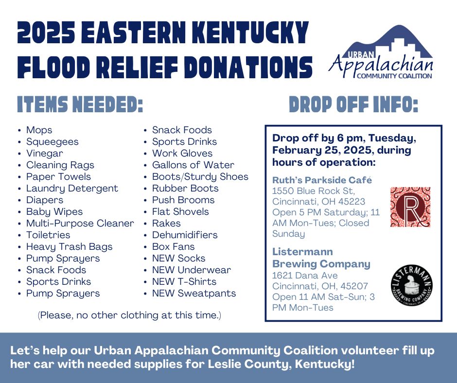 This flyer details the donation collection sites and item list.