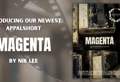Magenta promotional graphic with the movie poster included