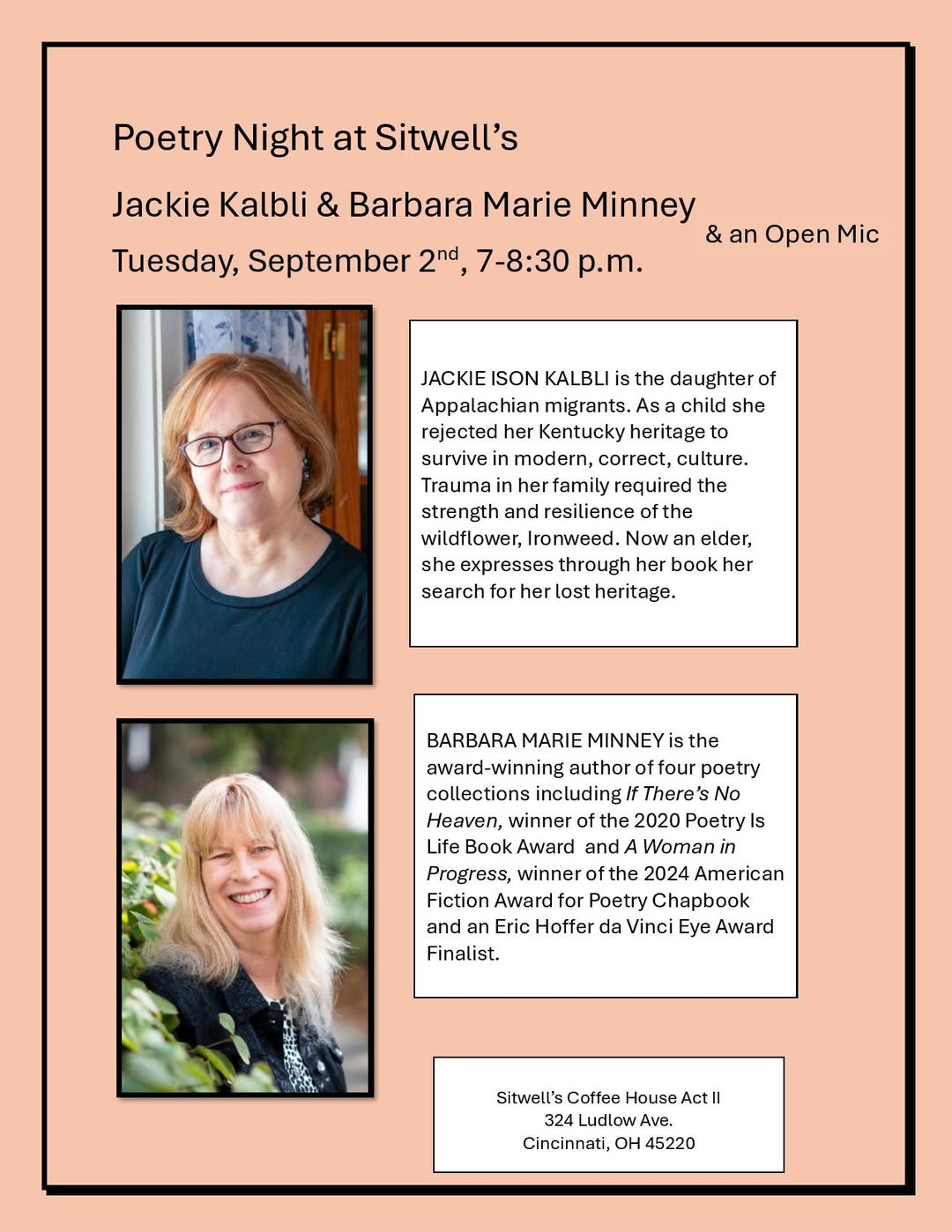 Flyer for poetry night at Sitwell's Coffehouse Act II on September 2, 2025