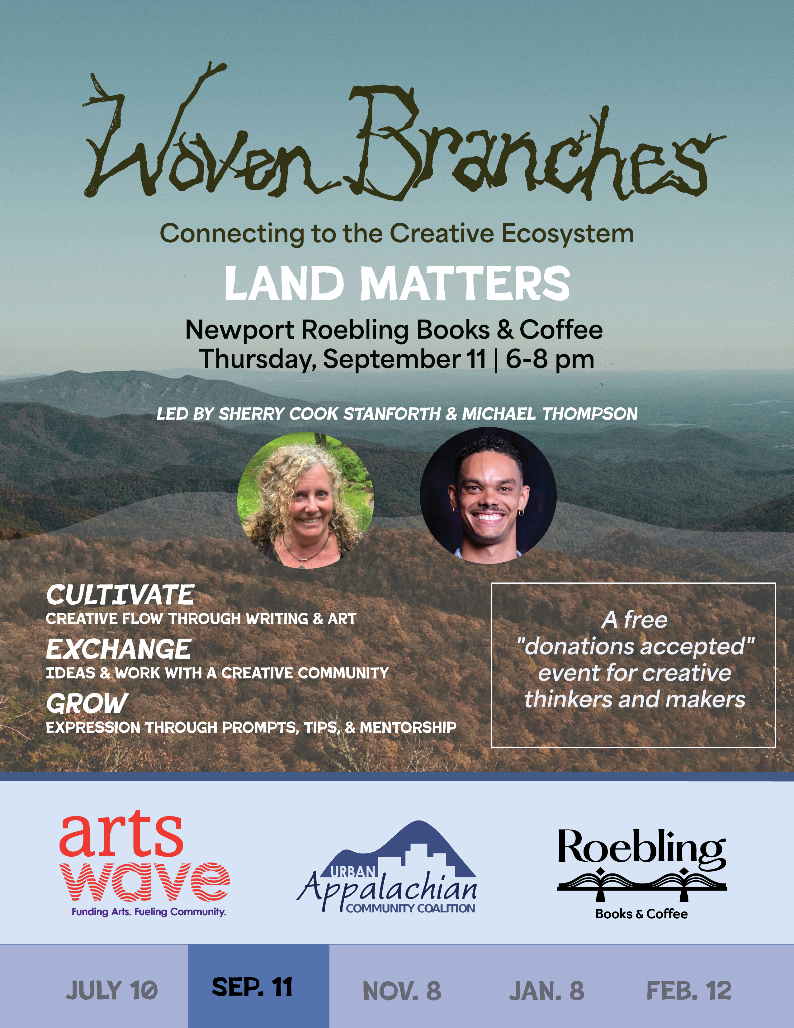 Flyer for Land Matters, an arts and storytelling event hosted by Woven Branches at Roebling Books & Coffee. Includes event title, date (September 11, 6–8 p.m.), featured artists, and logos for Urban Appalachian Community Coalition, Originary Arts Initiative, and ArtsWave.