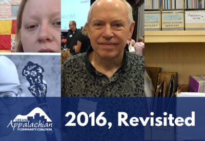 A three-photo collage of Taylor Farley's daughter holding up an image of her late father, Mike Maloney at the 2016 Cincinnati Children's Poverty Summit and a photo of Frank Foster Memorial Library resources in labeled containers on a shelf.